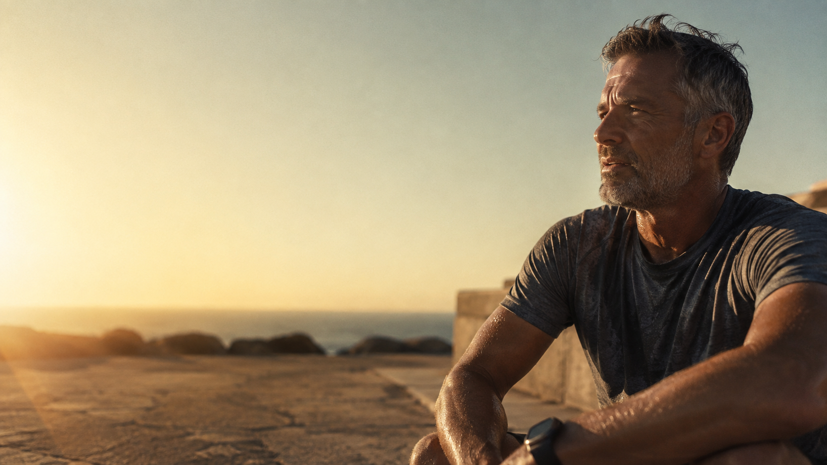Man in his fifties resting after a workout at sunset