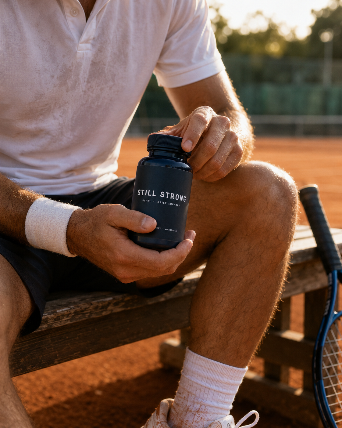Man sitting courtside holding a bottle of STILL STRONG PS-01