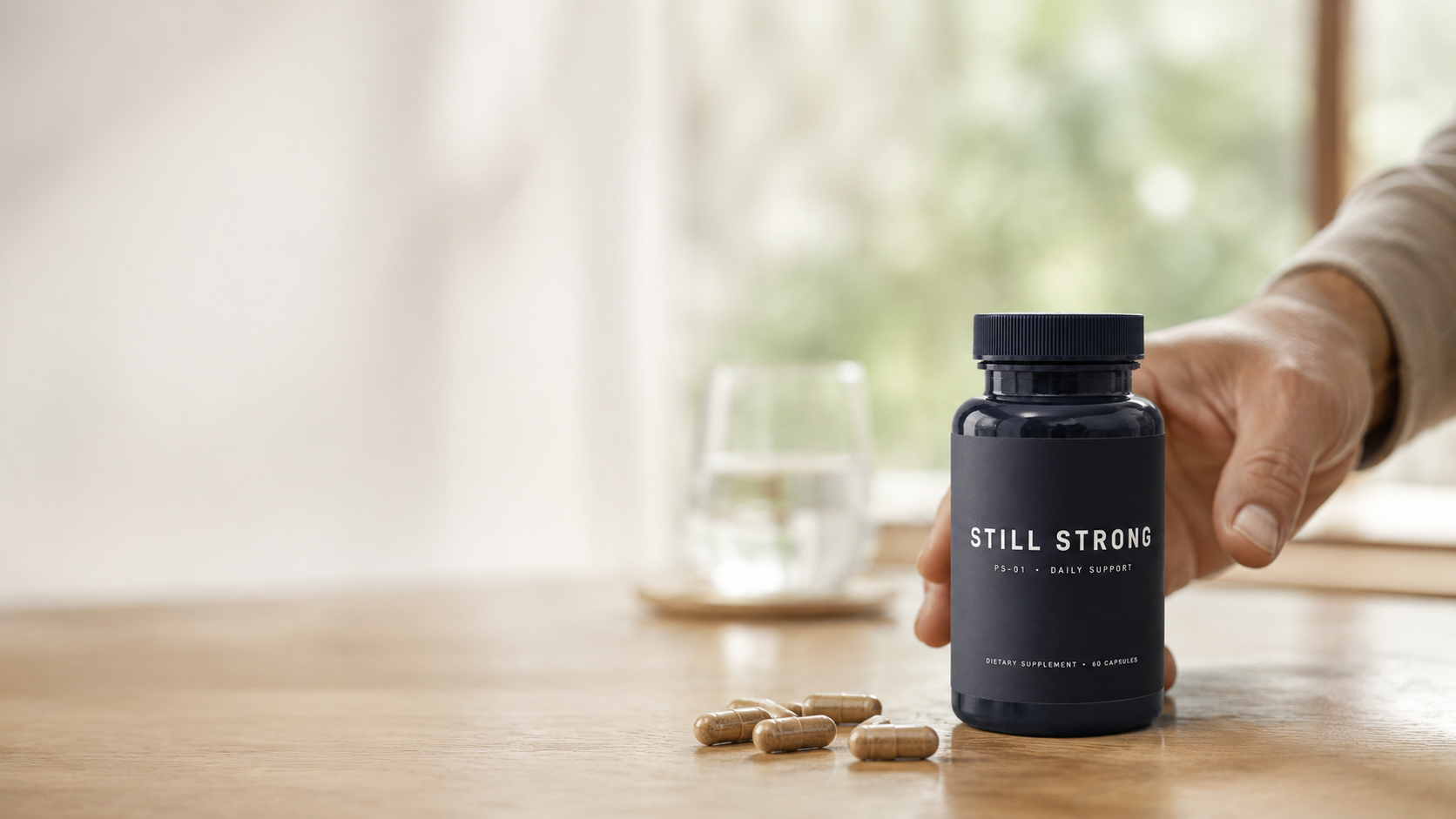 Man holding the Still Strong supplement bottle